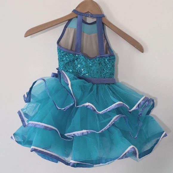 New Weissman Blue Turquise Sequin Dance Costume Ruffled Skirt Halter Top XS - Picture 5 of 8